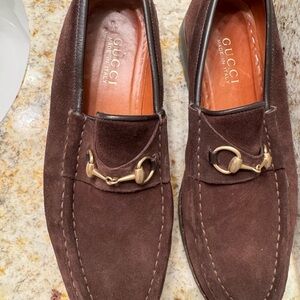 Gucci Women's Brown Suede Loafers with Gold Accents